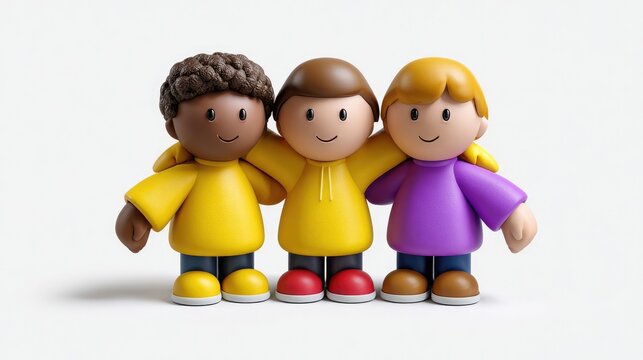 Childhood Companionship: Three diverse cartoon children, depicted with warmth and affection, share a hug, symbolizing the pure essence of friendship and unity.