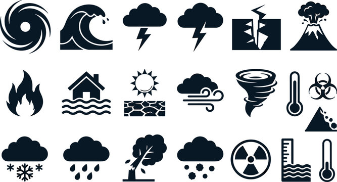Natural disasters and extreme weather glyph icon vector set with black silhouette storm and emergency symbols