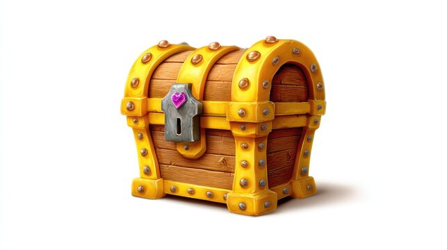 Treasure Chest with Pink Gem Lock: A beautifully crafted wooden treasure chest adorned with golden accents and a distinctive pink gemstone lock, hinting at hidden riches and valuable discoveries.