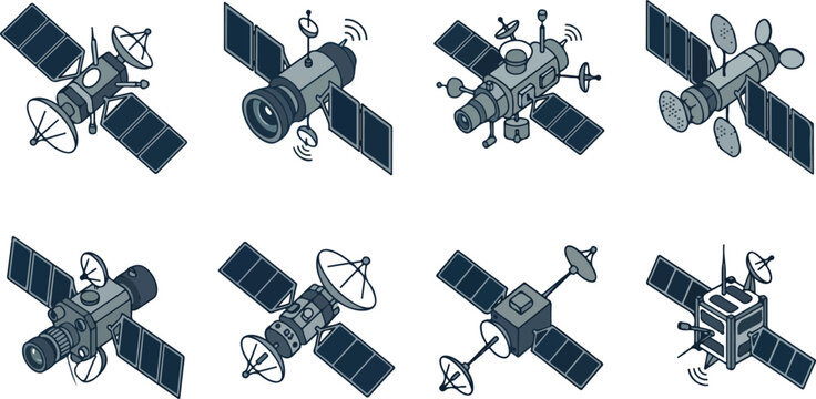 Isometric satellite vector illustration set showing communication and observation spacecraft with solar panels and antennas in space technology concept