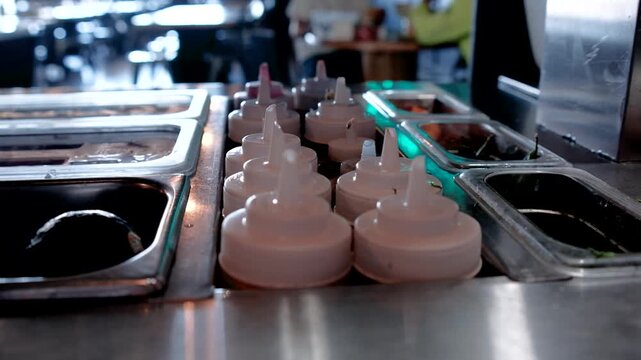 Shallow focus view along a stainless steel restaurant prep counter with rows of squeeze bottles metal ingredient bins sauces and toppings arranged for Mexican seafood service