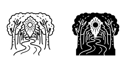 Fototapeta premium Forest Path with Sun Icon, Nature Trail Map Marker, Outdoor Adventure Vector Art