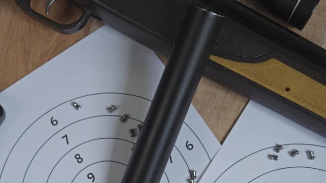 Composition of airgun shooting accessories including targets, ammunition, and firearm part