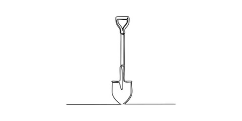 A continuous single line drawing of a garden shovel tool for digging soil in the yard isolated on a plain white background for simple minimalist art design Vector, illustration © Raj Creator