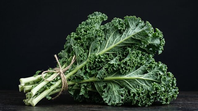 Fresh organic green curly kale bunch tied with string on a dark wooden background.