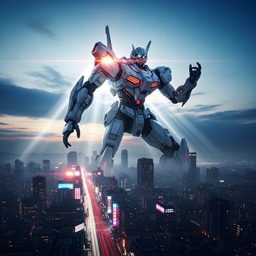 Futuristic Robot Towering Over a Glowing Cityscape at Night.