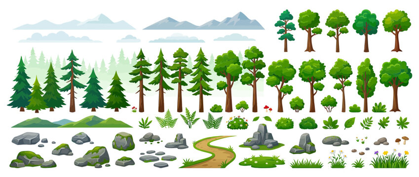 Cartoon Nature Elements: Trees, Mountains, Rocks, Path