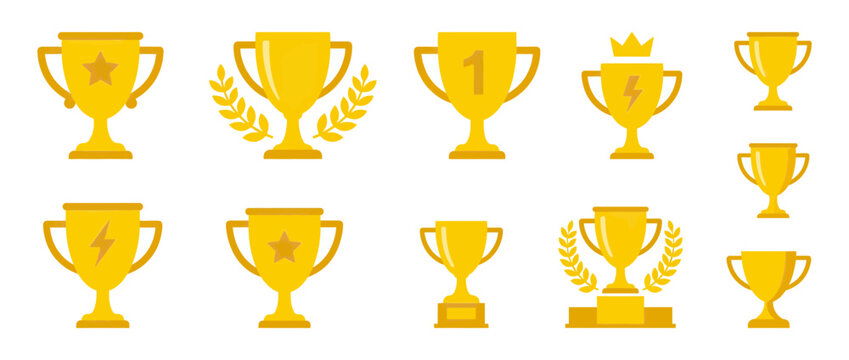 Collection of Golden Victory Trophies with Laurel Wreaths and Ribbons