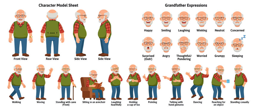 Elderly man character model sheet with expressions and poses
