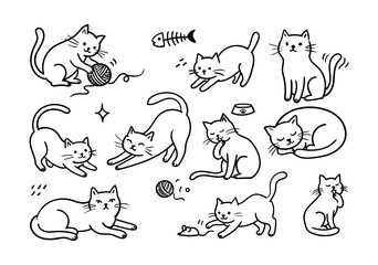Naklejka premium Cute Hand Drawn Cat Doodles Vector Set Of Playful Kittens Yarn Balls And Pet Accessories