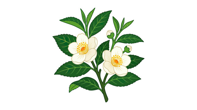 Tea plant branch with white flowers and green leaves