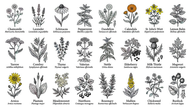 Vintage Botanical Illustration Collection of Medicinal Herbs