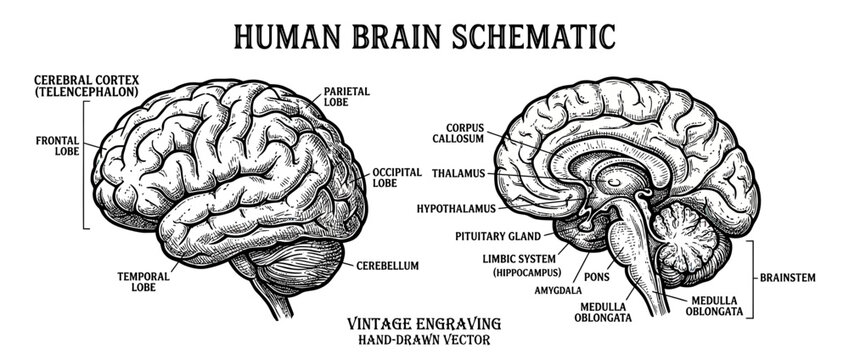 Vintage Human Brain Anatomy Schematic Engraving