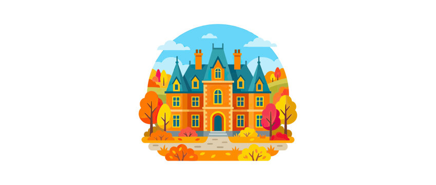Autumn Estate Illustration with Colorful Trees and Sky