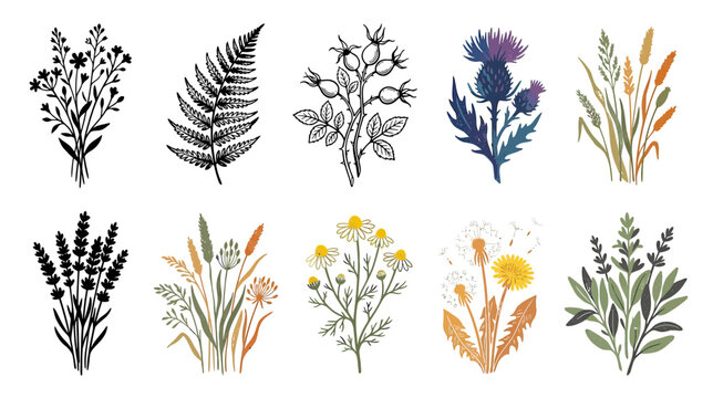 Botanical illustration collection of wild plants and herbs