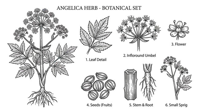 Botanical Illustration of Angelica Herb Parts