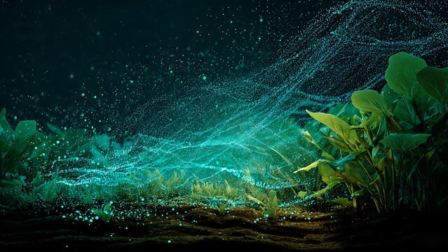 An intricate close-up illustration of glowing bioluminescent root-like tendrils weaving through underwater flora and aquatic soil, casting a serene cyan light into dark water.