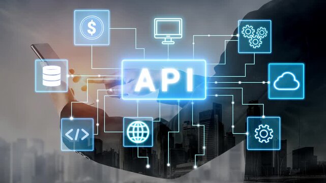 Hands Holding Smartphone Displaying API Connectivity in Modern Digital Landscape with Various Technology Icons and Cloud Services Integration. Entropy.
