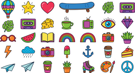 Retro 90s sticker icon set pop art fashion patches skateboard cassette tape rainbow camera vector illustration graphic elements. © Prodip