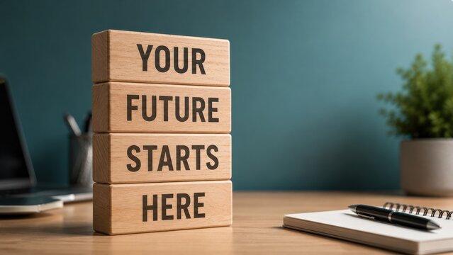 Your future starts here text stacked on wooden blocks against office background for career planning.