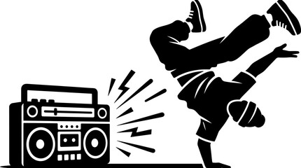 Street dancer doing headstand near retro stereo boombox.