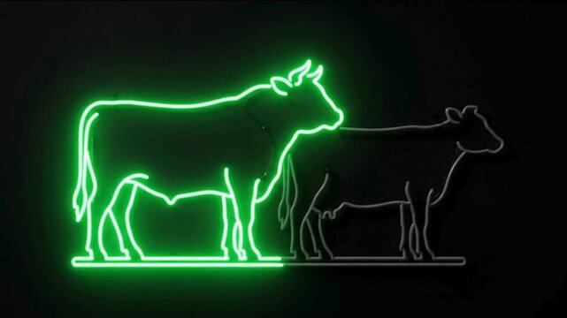 Neon light sign featuring outline of cow and calf standing side by side livestock farm