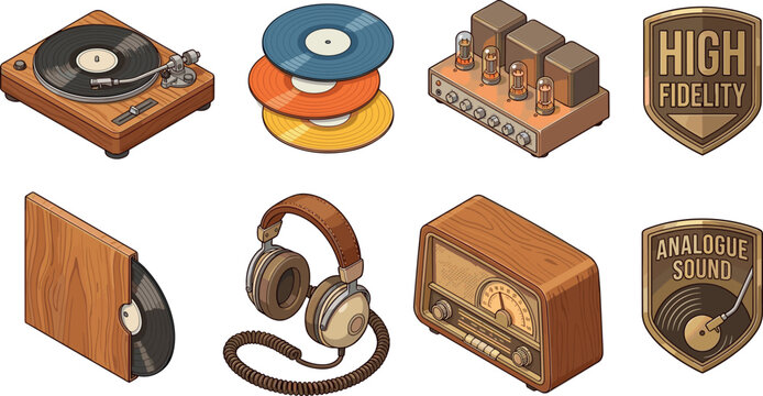 Retro isometric vinyl audio equipment vector set featuring turntable record player tube amplifier headphones and vintage radio icons