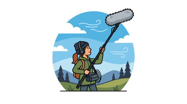 Woman recording audio with boom microphone outdoors