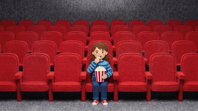 Handcrafted felt illustration of a young girl sitting alone in a movie theater, eating popcorn from a red and white striped bucket among empty red seats.