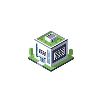 Modern Isometric Office Building with Sustainable Green Roof