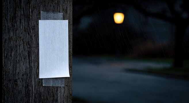 A blank metal sign taped to a rough wooden post at night in the rain