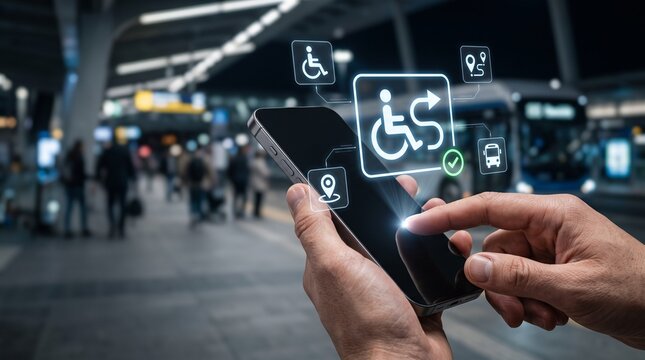 Inclusive Mobility Technology Designer Interacting with AI Accessible Navigation Hologram in Smart City Transportation Hub