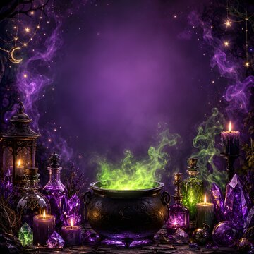 Magical halloween background with a glowing green witch cauldron surrounded by purple smoke and mysterious potion bottles