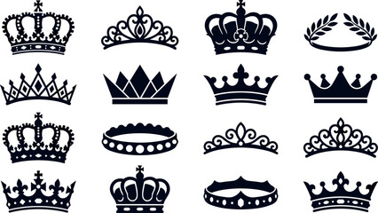 Royal crown and tiara black silhouettes vector set with vintage queen diadems and laurel wreath isolated on white background © Prodip