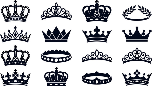 Royal crown and tiara black silhouettes vector set with vintage queen diadems and laurel wreath isolated on white background