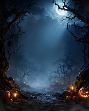 Spooky halloween background with glowing jack o lanterns in a dark misty forest under a full moon