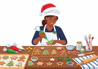 Fototapeta premium Woman Baking Christmas Cookies in Kitchen Flat Vector Illustration