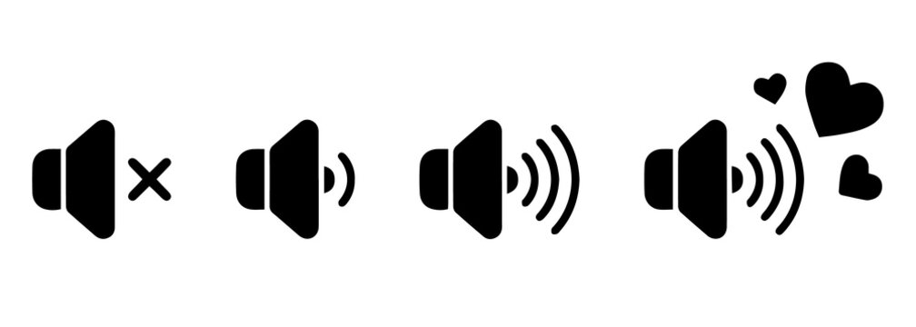 Progressive speaker volume icons set with a love heart indicating audio intensity and positive sound
