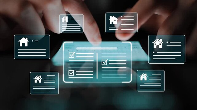 Hands Interacting with Touchscreen Display Featuring Digital Real Estate Listings and Checkmarks for Home Selection Process Gluon.