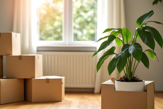 Umzug Zimmerpflanze mit Umzugskartons im hellen Wohnzimmer