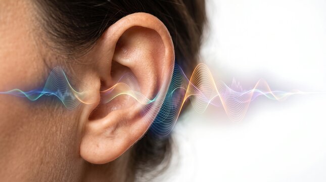Close-up of a human ear with abstract sound waves emanating, symbolizing auditory perception and the invisible world of sound.