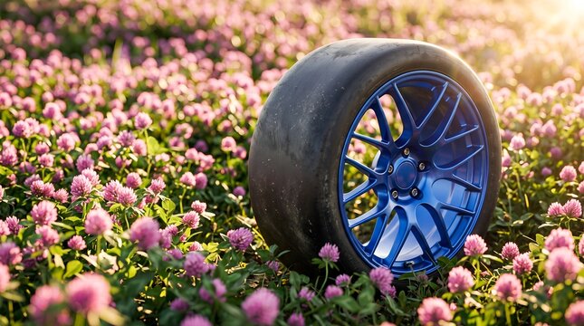Racing tire with blue alloy rim standing in a field of blooming clover