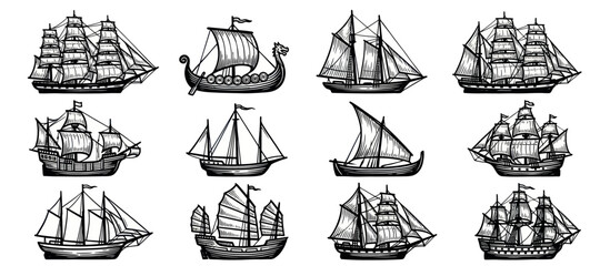 Vintage Sailing Ships and Boats Collection Hand Drawn Sketch Style. © Rejeki