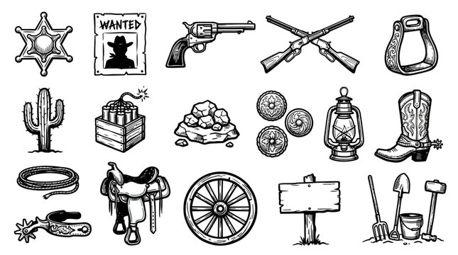 Vintage Western Cowboy Items Line Art Illustration.. vector illustration.set