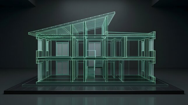 Smart home digital twin architecture concept with glowing green wireframe house