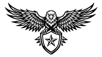 Fototapeta premium Majestic eagle with outstretched wings holding a shield with a star emblem, symbolizing power and freedom