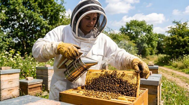 Beekeeper in protective suit tending to a beehive with a smoker.