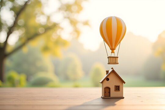 Umzug mit Hei&szlig;luftballon &uuml;ber Miniaturhaus als Symbol f&uuml;r neuen Anfang