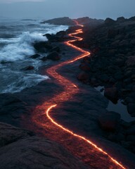 Fototapeta premium Glowing path leading across a rocky ocean shoreline