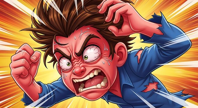 Angry Man Frantic Shouting in Torn Blue Shirt